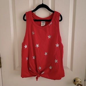 PINK Victoria’s Secret Glittery Silver Stars Red Top Small